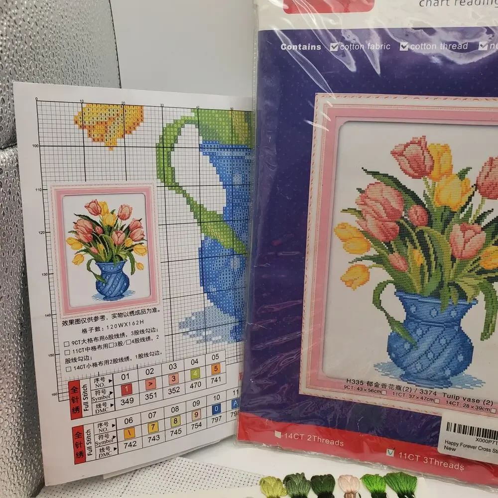 NKF H335 Tulip‎ Vase Cross Stitch Kit Red and Yellow Flowers Blue Vase